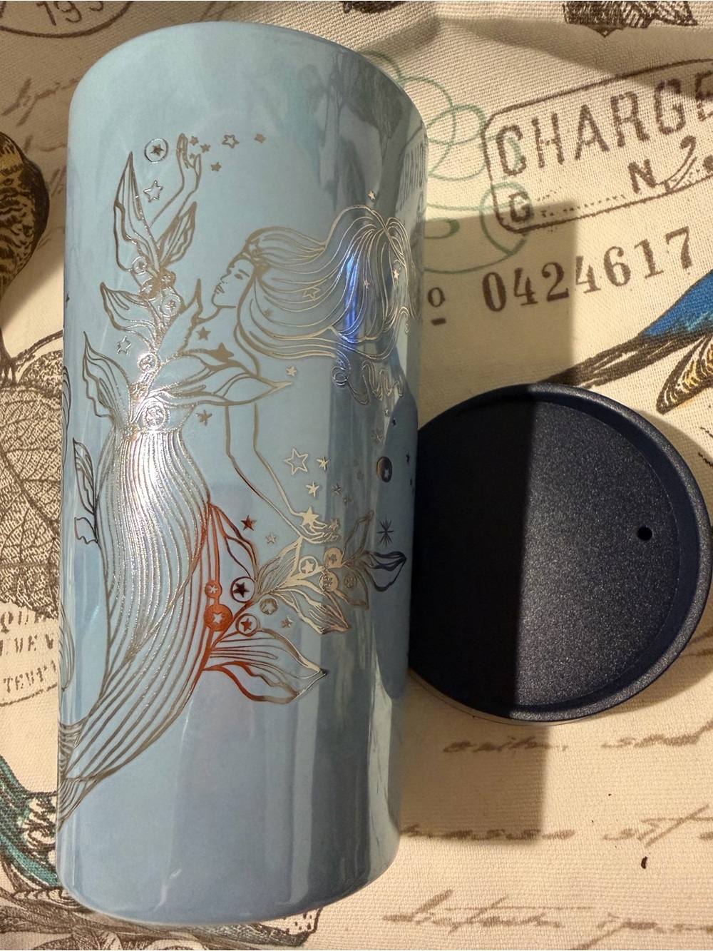Starbucks Light Blue Ceramic Mug with Metallic Mermaid Design